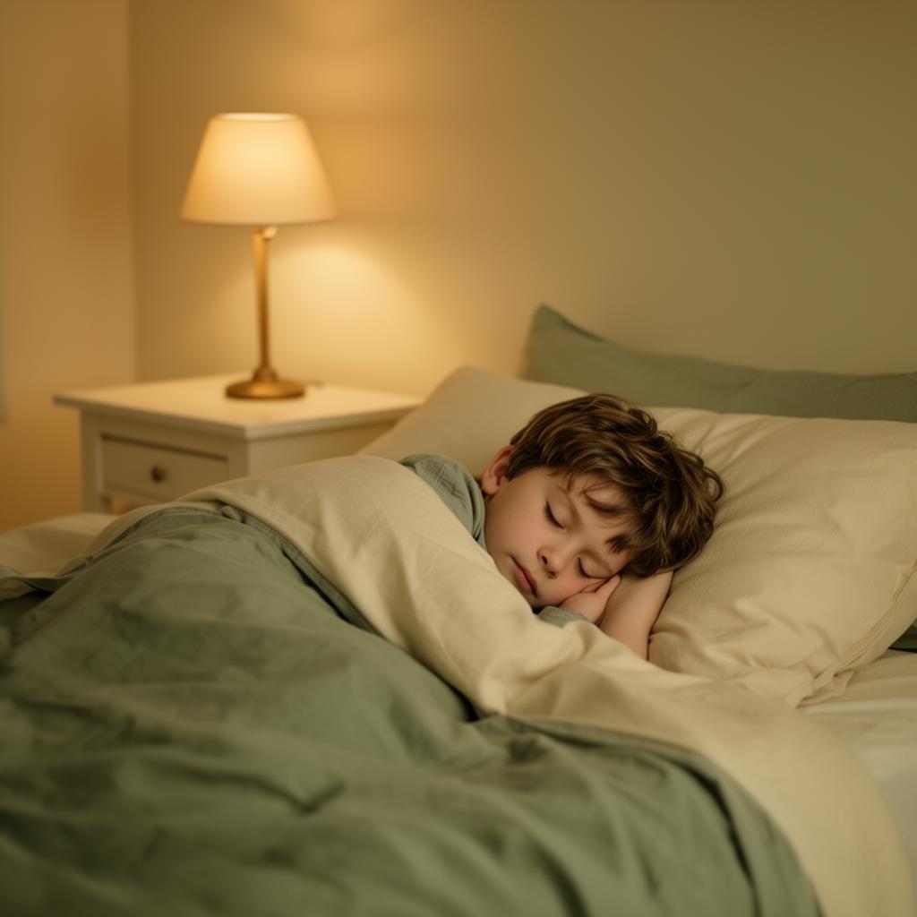 A mother sitting calmly at her child's bedside at bedtime